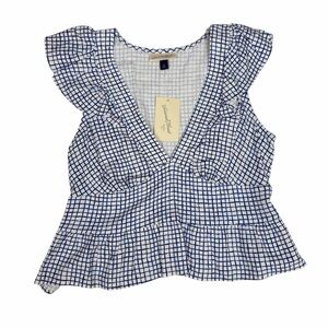 Blue & White Gingham Smocked Peplum Top Linen Blend NWT Medium Cottagecore